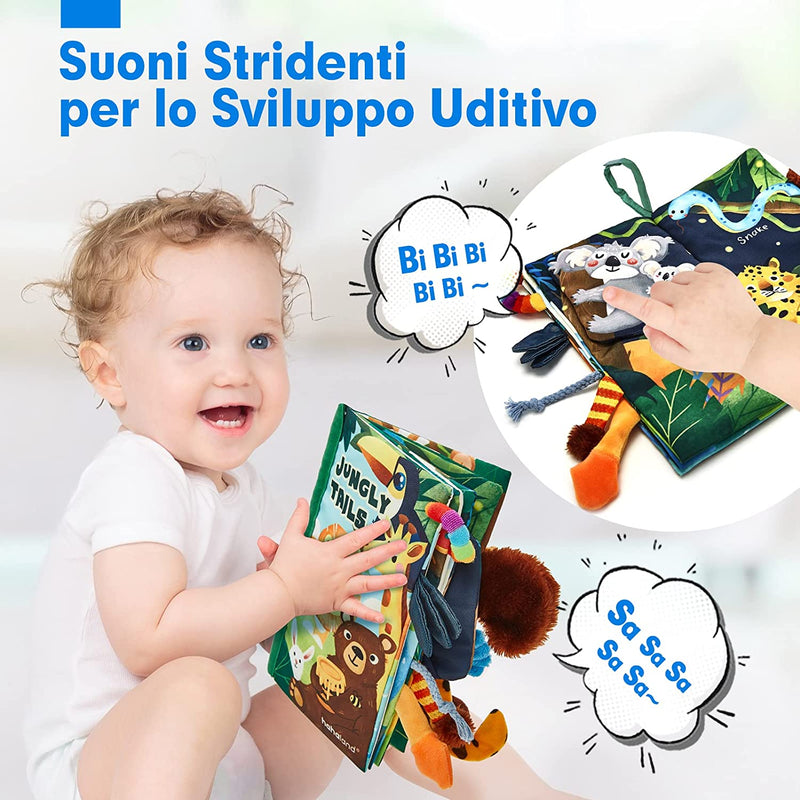 Libri Di Stoffa per Neonati 0 3 6 Mesi, Libro Sensoriali Con 10 Code Della Giungla, Giochi Da Passeggino Libro Interattivo per Tummy Time