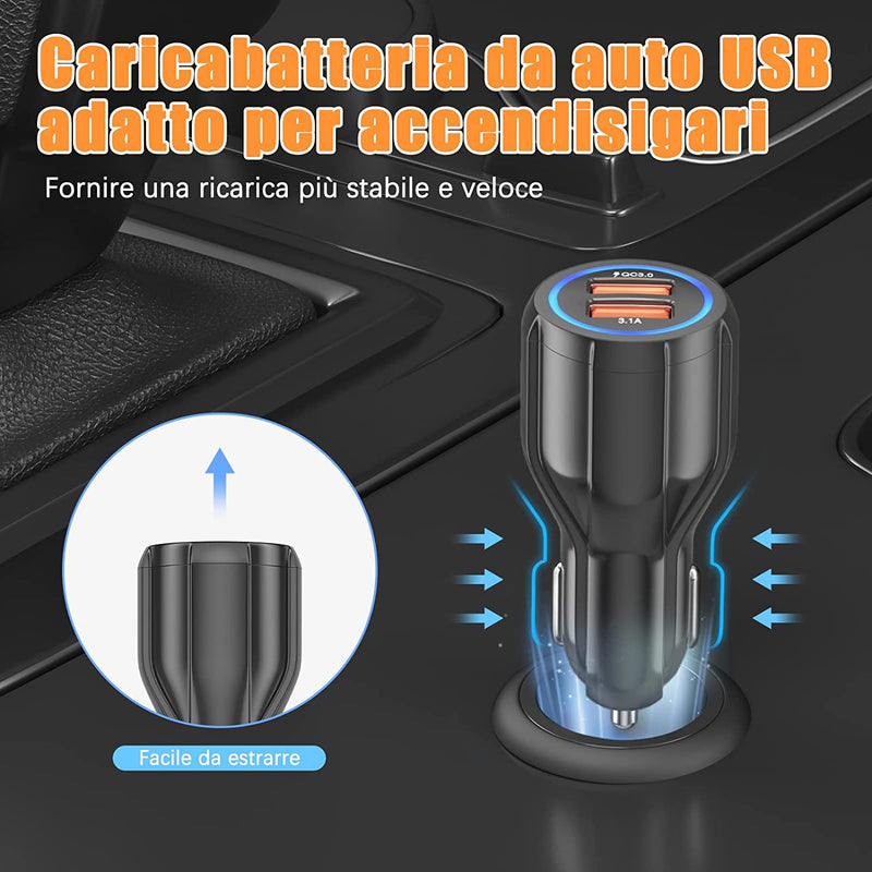 Caricatore,2 Porte Caricabatteria Da Auto,Quick Charge 3.0 Accendisigari USB Compatibile Con Iphone, Ipad Samsung Galaxy S10/S9/S8,Huawei, Xiaomi, Nero