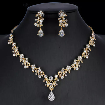 Golden Zircon Jewelry Set Bridal Necklace Earrings Wedding Two-Piece Set