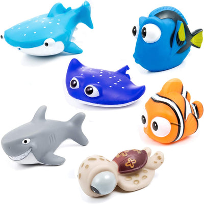 6Pcs Giocattoli Da Bagnetto per Bambini, Pupazzetti per Il Bagno, Galleggianti Che Spruzzano, a Tema Animale Da Oceano, Grande Regalo per I Bambini, Tartaruga, Squalo Balena, Pesci