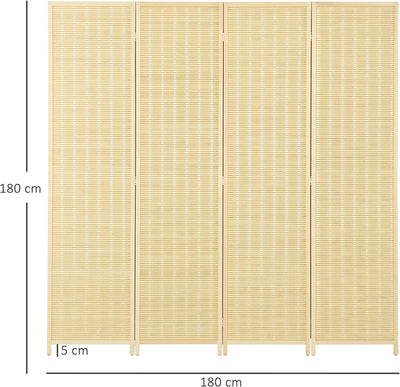 Paravento Da Interno a 4 Ante in Legno E Bambù, Separé Divisorio Pieghevole Salvaspazio Altezza 180Cm, Colore Naturale