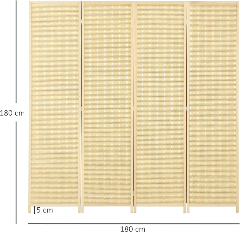 Paravento Da Interno a 4 Ante in Legno E Bambù, Separé Divisorio Pieghevole Salvaspazio Altezza 180Cm, Colore Naturale