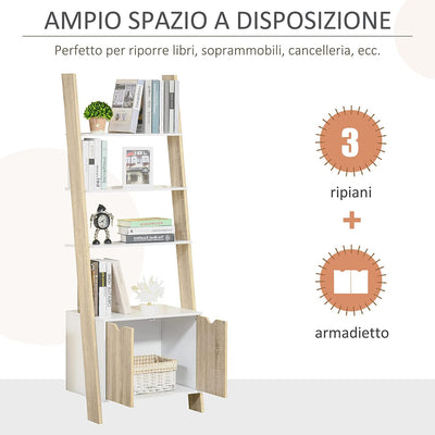 Mobile Libreria a Scala Con 3 Mensole E Armadietto, Scaffale Moderno Stile Nordico in Legno, 60X40X171Cm, Rovere E Bianco