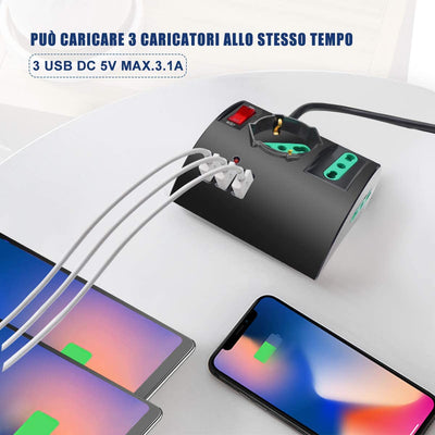 Multipresa Da Scrivania/Tavolo Con 3 Presa Usb,Presa Con Interruttore Automatico Di Protezione 10A,Nero,2500W,3 Prese (2 Ita/Schuko),1.5M