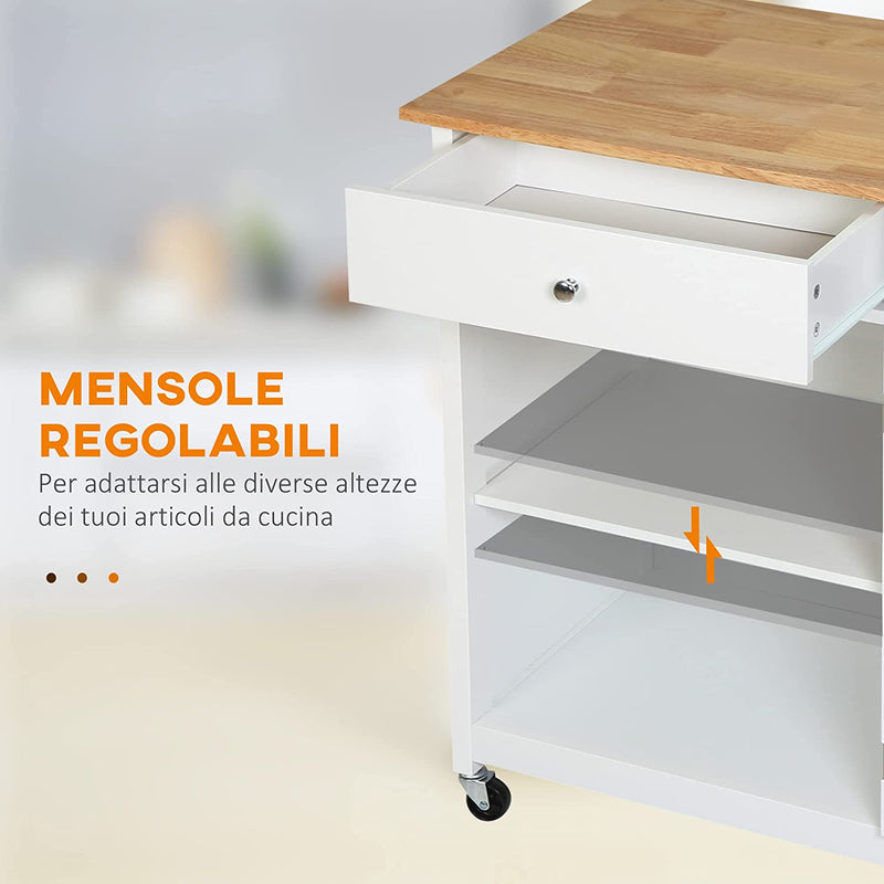 Carrello Da Cucina Multiuso Con Cassetto, Armadietto E 4 Ruote, in Legno Bianco, 67X48X86.5Cm