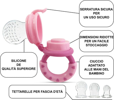 Ciuccio Frutta Neonati | 1 Ciuccio Frutta + 3 Taglie Di Tettarelle Silicone Senza BPA [3 a 24 Mesi] + Manuale D'Uso + Guida GRATUITA | Allevia Il Dolore Alle Gengive | Ciuccio per Frutta Neonati Rosa