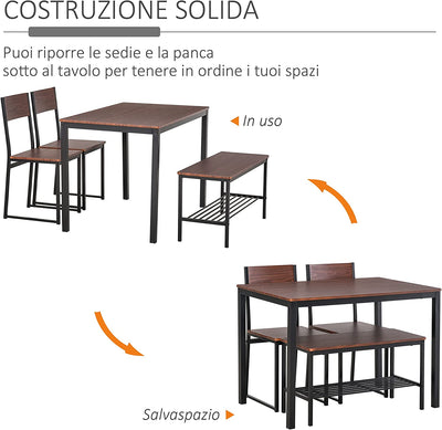 Set Tavolo Da Pranzo Con 2 Sedie Stile Industriale E Panca 2 Posti in Legno E Metallo per Soggiorno E Cucina Nero E Marrone