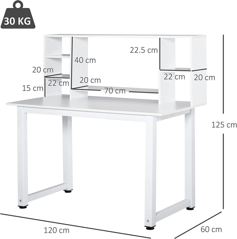 Scrivania Ufficio E Casa per Computer Con Scaffale E Ampio Piano Di Lavoro, Struttura Legno E Metallo 120X60X125Cm, Bianco