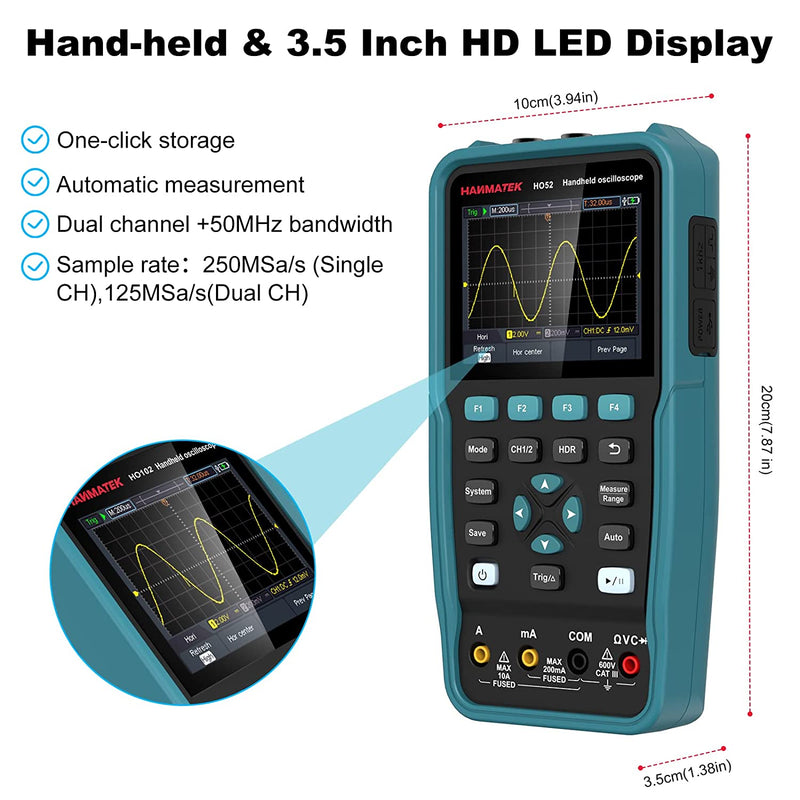 Oscilloscopio Digitale,  HO52 Mini Oscilloscopio Da 3,5"TFT,2 in 1 Oscilloscopio E Multimetro, Schermo Retroilluminato, Funzione Auto-Calibrazione, 7 Misurazioni Automatiche, Funzione Memoria