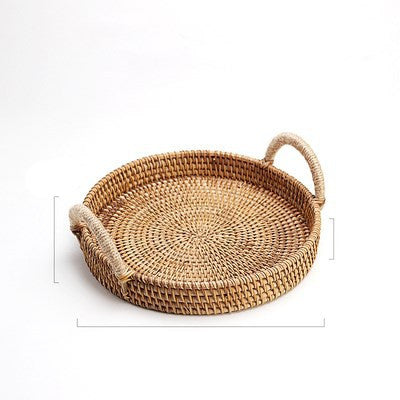 Handwoven Rattan Storage Tray With Wooden Handle Round Wicker Basket