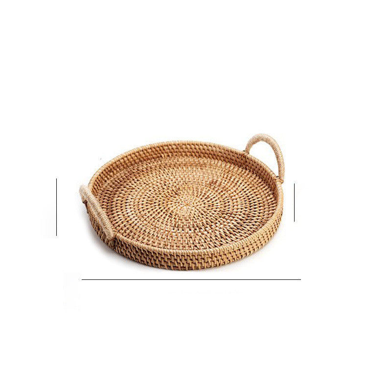 Handwoven Rattan Storage Tray With Wooden Handle Round Wicker Basket