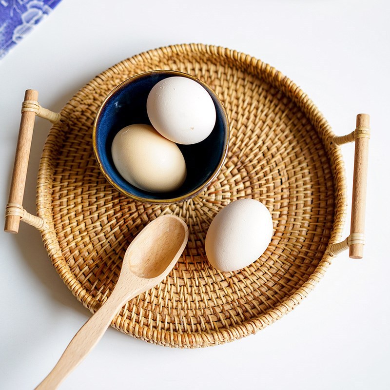 Handwoven Rattan Storage Tray With Wooden Handle Round Wicker Basket