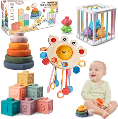 Giochi Montessori Neonato 6 Mesi - 3 Anno, 4 in 1 Gioco | Forme Sensoriali | Cubi Impilabili | Giochini Regalo Bambino E Bambina 6 9 12 Mesi 1 2 3 Anno