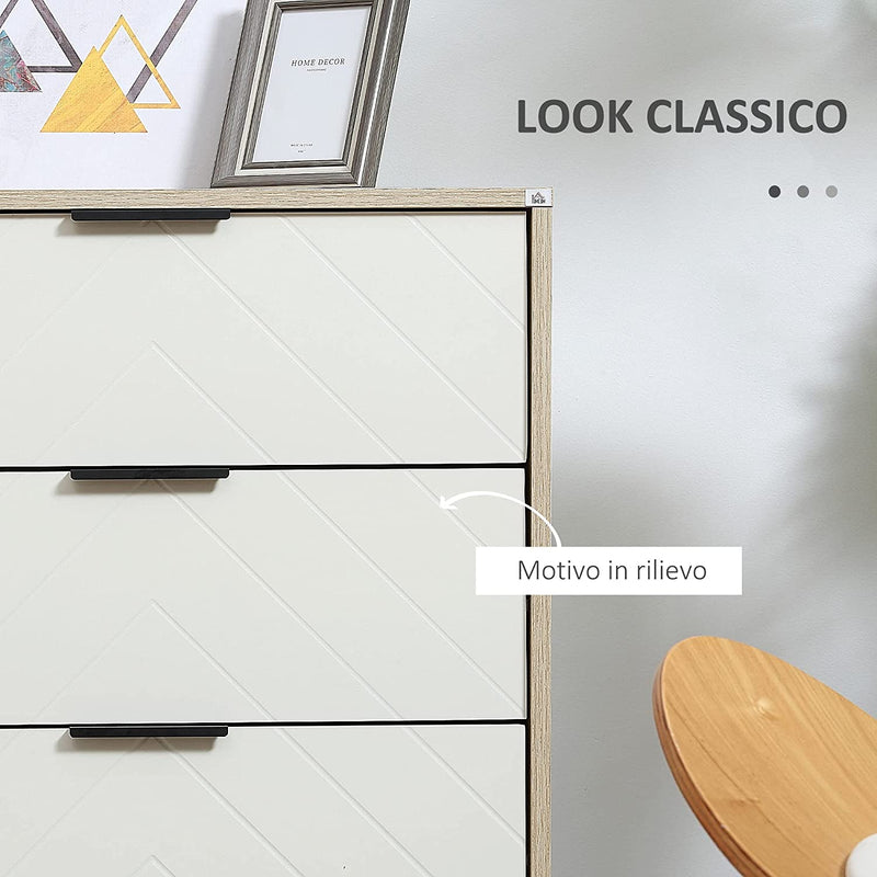 Credenza Moderna a Base Rialzata, Mobiletto Multiuso Con 3 Cassetti E 3 Ripiani Aperti in MDF, Truciolato E Acciaio, 100X40X79.5 Cm, Bianco E Color Legno