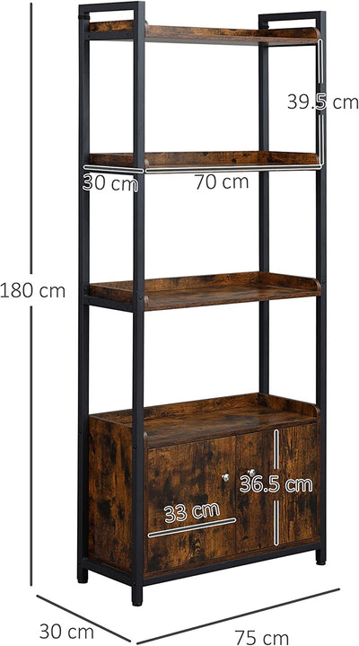 Mobile Libreria 4 Ripiani Con Armadietto a 2 Ante in Stile Industriale per Casa E Ufficio, 75X30X180Cm, Marrone