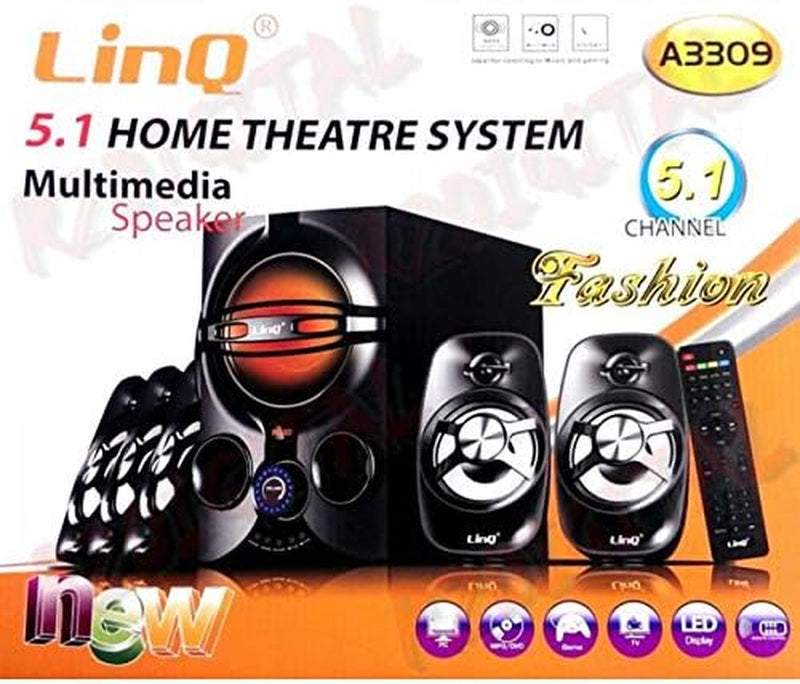 KIT CASSE ACUSTICHE A3309 SISTEMA DI ALTOPARLANTI DOLBY SURROUND 5.1 Con USB HOME CINEMA TELECOMANDO HD per TELEVISORE SALOTTO O PC COMPUTER