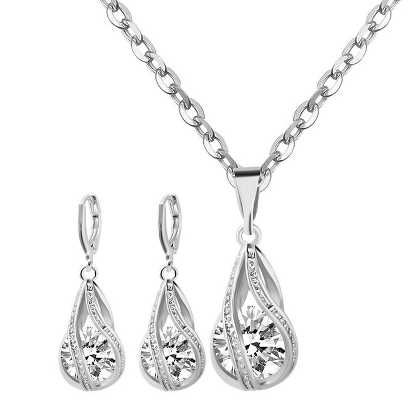 S163 Korean Simple Zircon Jewelry Set Silver Drop Necklace Earrings Set New Bride Wedding