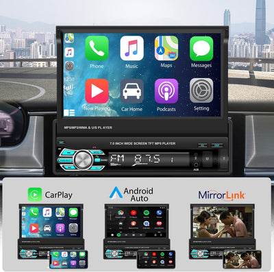 1 Din Autoradio Carplay Android Auto Stereo Con 7 Pollici Manuale Flip Out Schermo, Radio Bluetooth Auto Con FM TF AUX USB Mirror Link per Android/Ios & Retromarcia