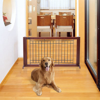 Cancelletto per Cani Regolabile Con Piedistallo, in Legno Massello E Metallo, Ideale per Cani Di Piccola/Media Taglia (100-180) X 45 X 53,5 Cm, Castano