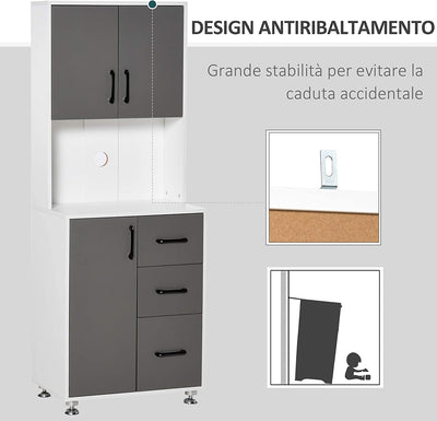 Credenza Alta Da Cucina Con Design Moderno, Madia Mobile Buffet in Legno Bianco E Grigio, 60X40X160Cm