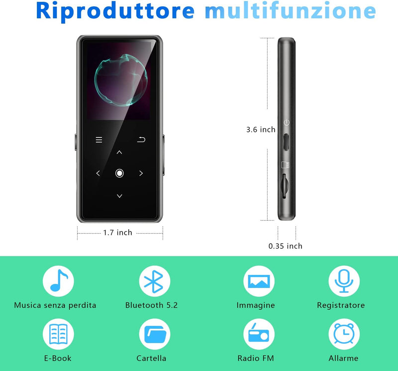 64GB Lettore MP3 Con Bluetooth 5.2,  Lettore Musicale Con Altoparlante HD Integrato, Radio FM, Registratore Vocale, Suono Hifi, Peso 0,15 Lb, Funzione E-Book, Auricolari Inclusi