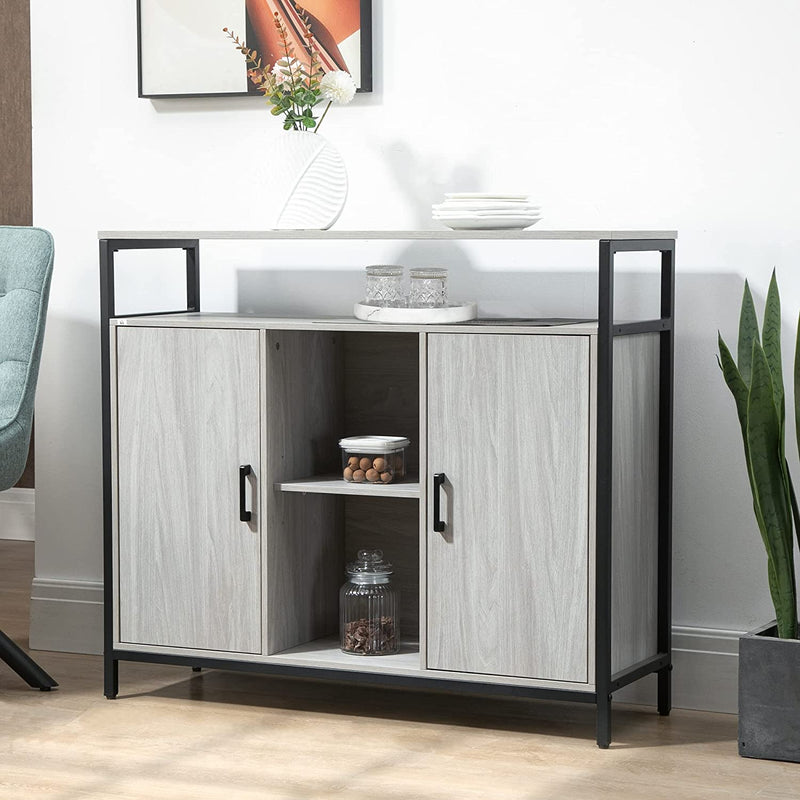 Credenza Moderna in Legno Con 2 Armadietti E Ripiani, Mobile Cucina E per Ingresso Grigio Chiaro, 100X34X87.2Cm