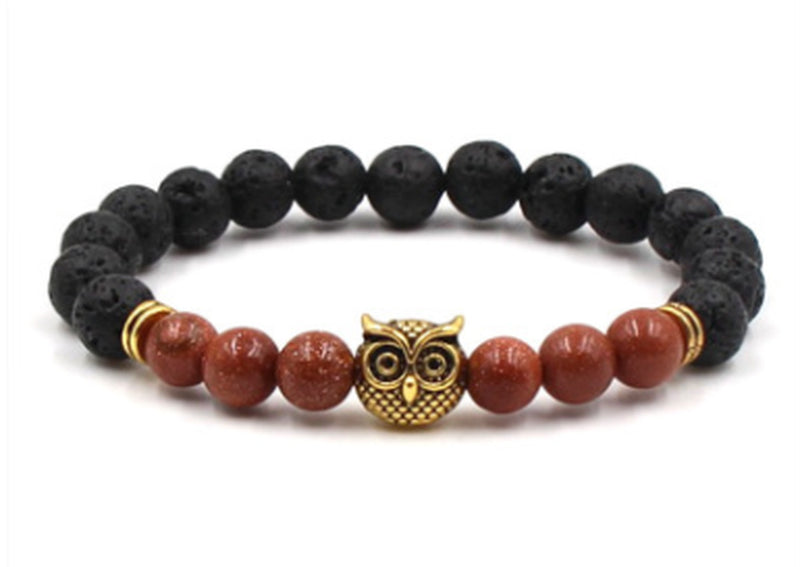 Foreign Trade Aliexpress Best Selling 8Mm Natural Stone Black Lava Volcanic Stone Bracelet Gold Alloy Owl Bracelet