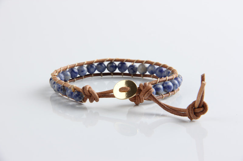 Popular White Point Blue Natural Stone Leather Woven 6Mm Single Ring Bracelet Full Handmade Bead Bracelet