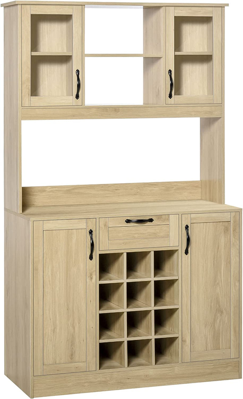 Mobile Cucina Con Cassetto, 4 Armadietti, Mensole E Portabottiglie, Credenza Alta in Legno, Rovere, 106X48X180Cm