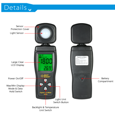 SMART SENSOR AS803 Mini Digital Lux Meter LCD Display Illuminometer UV Radiometers Photometer Luxmeter Light Meter 0-200000 Lux