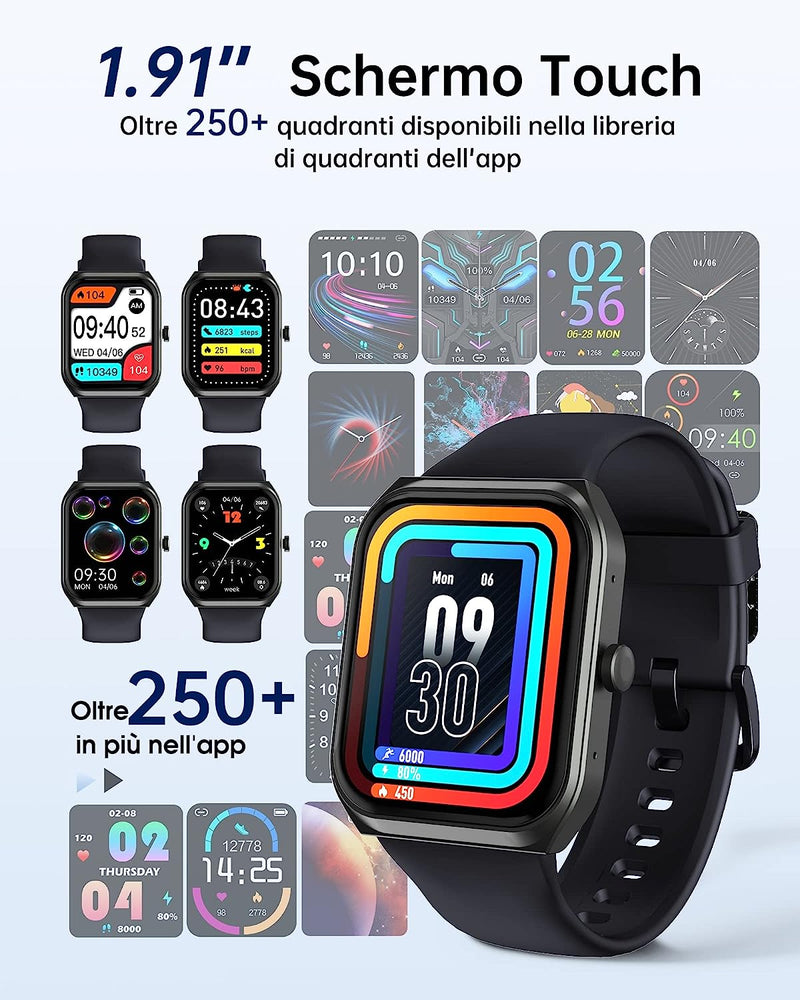 Smartwatch Chiamate Bluetooth, 1.91" HD Schermo Tattile Orologio Smartwatch Uomo Donna, 280 Mah, Contapassi Da Polso Con Cardiofrequenzimetro,Monitor Sonno,Spo2,Notifiche Messaggi, per Android Ios