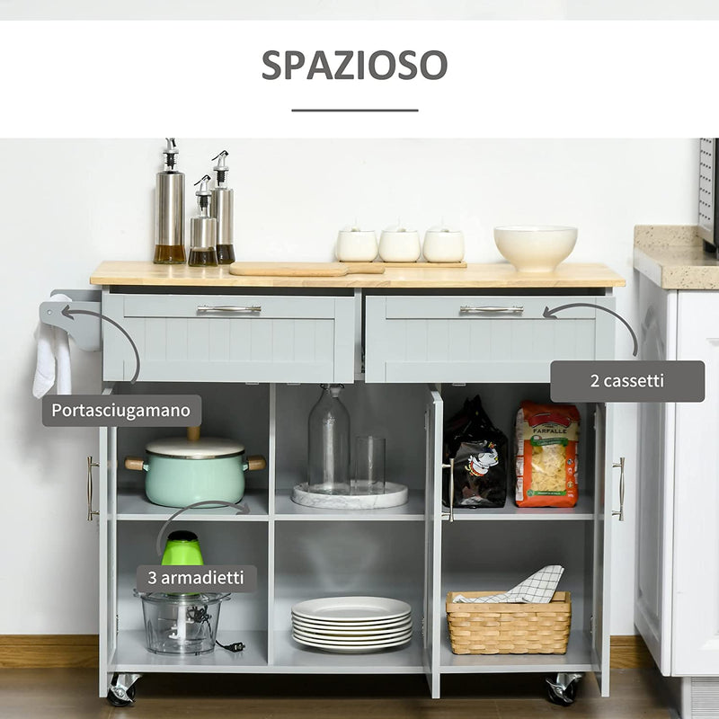 Carrello Da Cucina Multiuso Con 2 Cassetti, 3 Antine E 4 Ruote, in Legno E MDF, 121X46X91Cm, Grigio