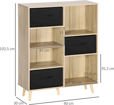 Libreria Scaffale Con 7 Vani, Mobile Multiuso Con 3 Cassetti Rimovibili E Pieghevoli per Casa E Ufficio, 90X30X102.5Cm, Legno