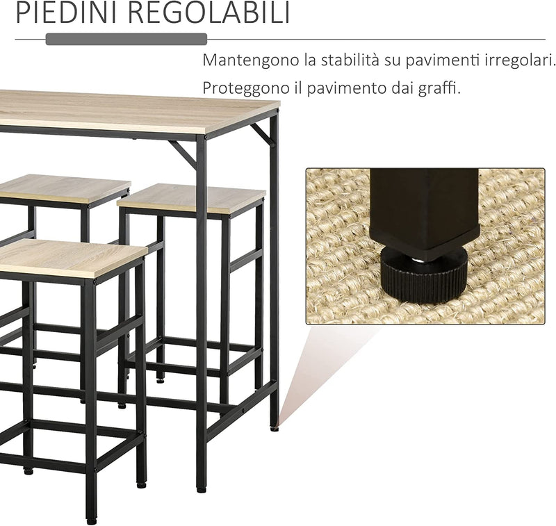 Set Tavolo Alto Con 4 Sgabelli Stile Industriale in Metallo E Legno, Arredamento Moderno Soggiorno E Cucina, Rovere Chiaro