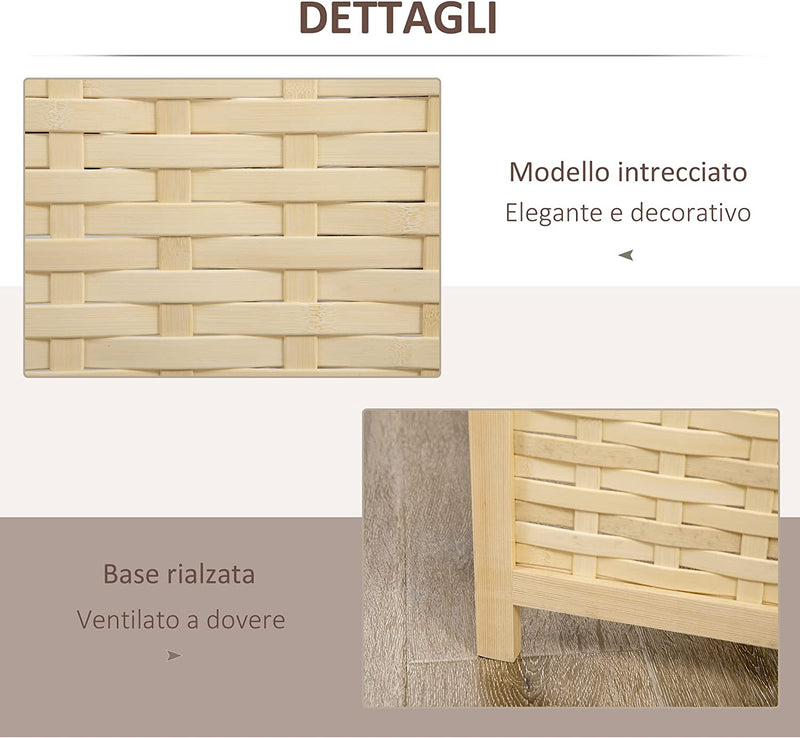 Paravento Da Interno a 4 Ante in Legno E Bambù Intrecciato, Separé Divisorio Pieghevole Salvaspazio, Altezza 170Cm, Naturale