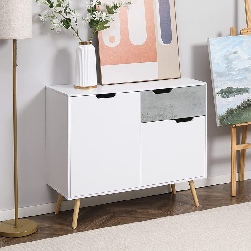 Mobile Da Salotto Con 2 Armadietti a 2 Ante E Cassetto, Credenza Moderna Mobiletto Multiuso in Truciolato E Legno Di Pino, 98X39X81.5 Cm, Grigio E Bianco