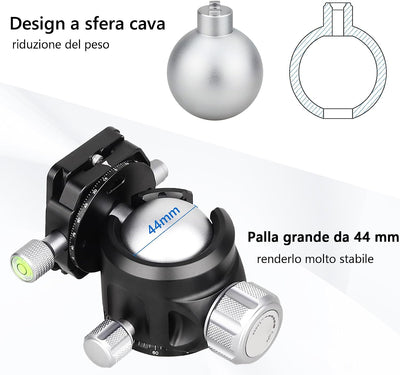 Testa per Treppiede a Basso Profilo, 44 Mm, in Metallo, Doppia Panorama Con Piastra a Sgancio Rapido Arca 1/4" per Treppiede, Monopiede, Cursore, Fotocamera DSLR, Portata: 25 Kg