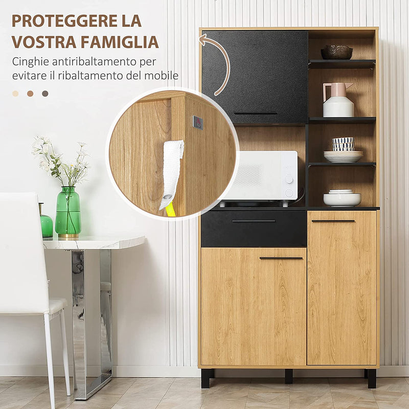 Mobile Cucina Moderno in Truciolato E Legno Di Pino Con Cassetti E Ripiani Regolabili, 90X40X180 Cm, Color Legno E Nero