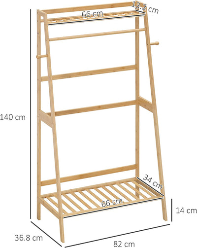 Appendiabiti Da Terra in Bambù Con 2 Ganci Laterali E 2 Ripiani Inferiori Aperti, 82X36.8X140 Cm, Color Legno