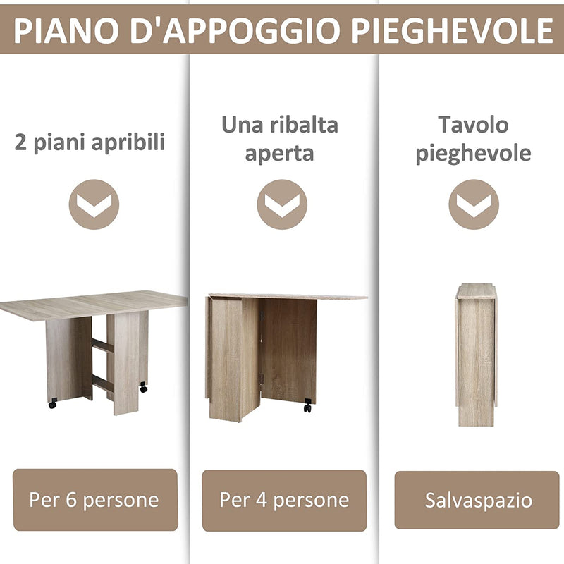 Tavolo Pieghevole Rettangolare per 4-6 Persone Con 2 Ruote, in Truciolato, 140X80X74Cm, Color Legno Naturale