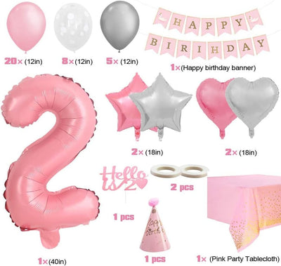 Decorazioni Compleanno 2 Anni Ragazza Rosa Palloncini Compleanno Bimbina, Addobbi Compleanno Ragazza 2 Anni, Happy Birthday Ghirlanda, 40"Palloncini Numeri 2 per Battesimo Bimbina Doccia Festa