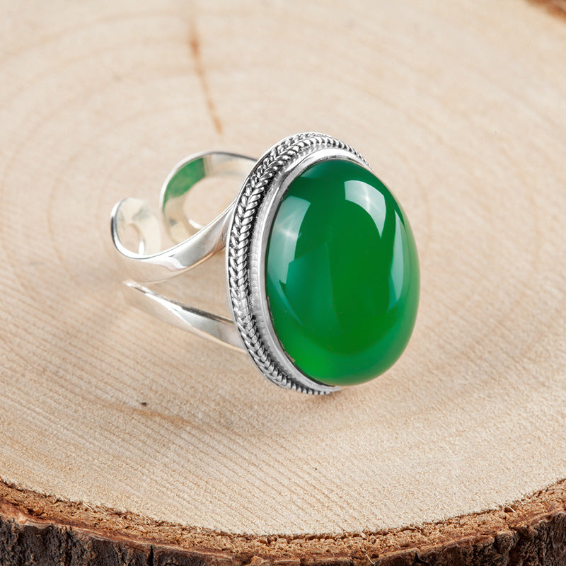 925 Sterling Silver Thai Silver Natural Green Chalcedony Ring Vintage Index Ring Female Exaggerated Gemstone Ring