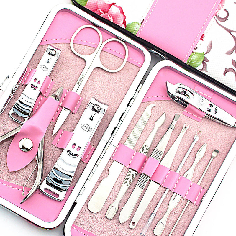 Nail Clipper Set Stainless Steel 12 Piece Pink Flower Nail Scissors Manicure Manicure Tools Rose -12