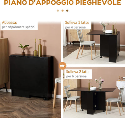 Tavolo Pieghevole in Legno per 4-6 Persone, Tavolo Da Pranzo Richiudibile Con Ruote, 75X140X74Cm, Nero