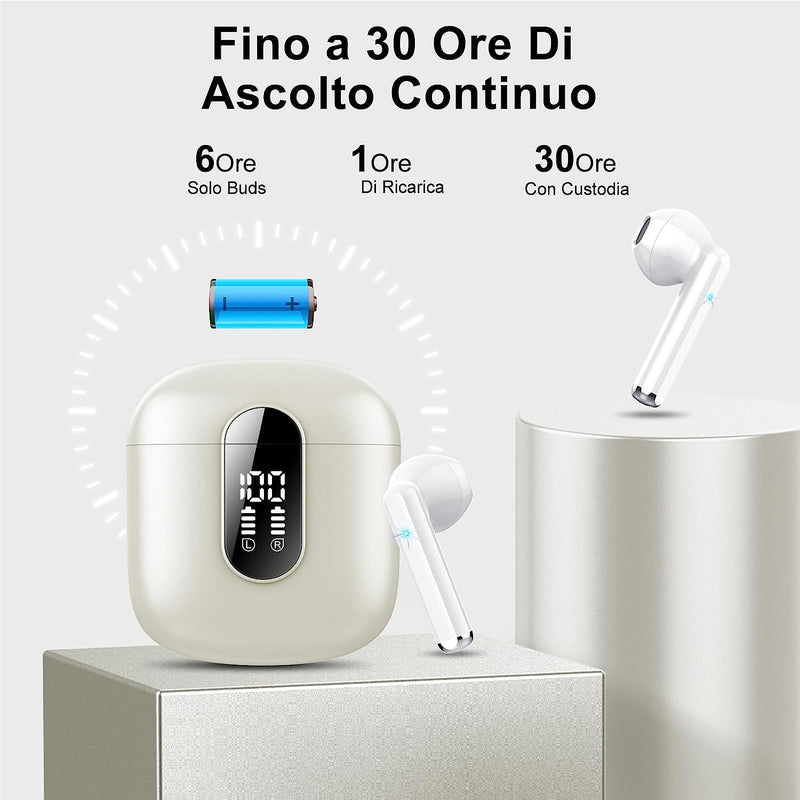 Cuffie Bluetooth, Auricolari Bluetooth 5.3 Con Stereo Hifi Immersivo, Cuffie Wireless Mini Incorporato 4 HD Mic, Cuffiette Bluetooth IP7 Impermeabili, Cuffie Senza Fili Con LED 30 Ore, Bianco(2023)