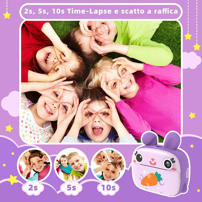 Camera Istantanea per Bambini, Con 3 Rotoli Di Carta Termica E Scheda SD Da 32 G, Fotocamera Fotografica Istantanea, Regalo per Ragazze E Ragazzi (Viola)