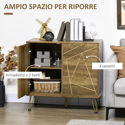 Mobile Multiuso Con Armadietto E 3 Cassetti, Mobiletto Da Salotto E Camera in Legno E Acciaio, 84X39X80.7Cm, Bronzo