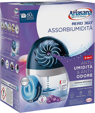 Aero 360° Kit Assorbiumidità, Deumidificatore Ricaricabile Non Elettrico, Assorbi Umidità Contro Condensa E Muffa, 1 Dispositivo E 1 Ricarica Tab Lavanda Da 450G