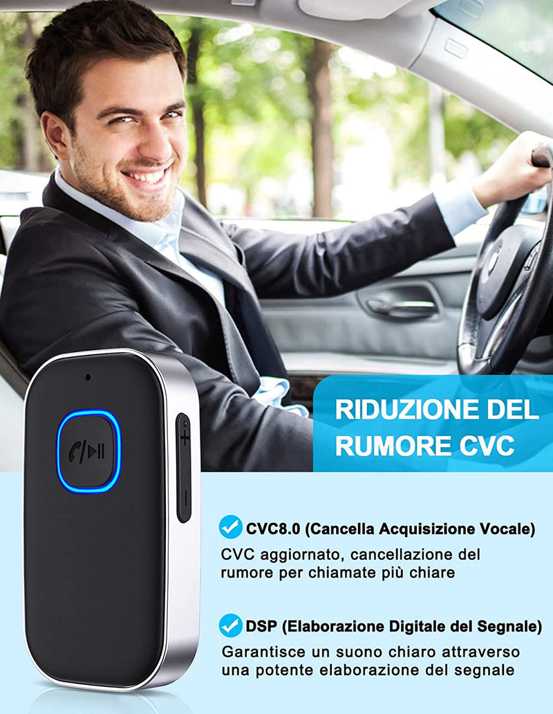 Ricevitore Bluetooth 5.0, Bluetooth Auto Aux Cancellazione Del Rumore, Aux Bluetooth Autonomia Di 16 Ore per Auto Altoparlanti/Stereo Casa/Cuffie Cablate/Chiamate in Vivavoce, Nero