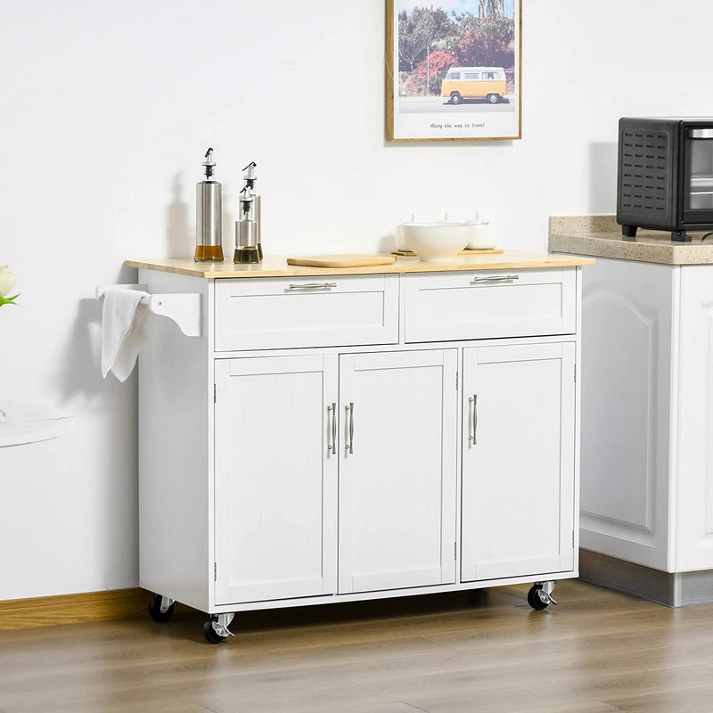 Carrello Da Cucina Multiuso Con 2 Cassetti, 3 Antine E 4 Ruote, in Legno E MDF, 121X46X91Cm, Bianco